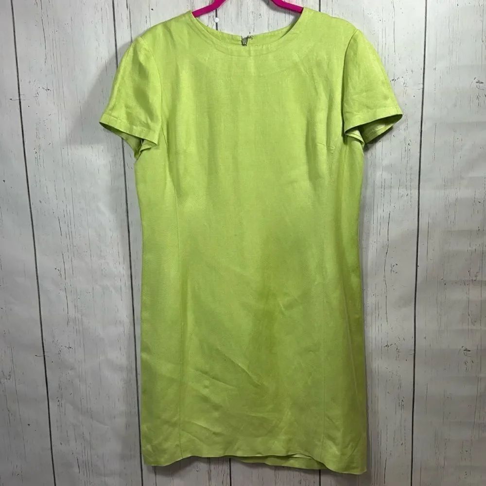 Vintage Ann Taylor Lime Green Linen Blend Sheath Dress Minimalist Career Office